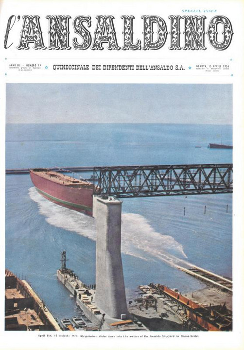 p. 1 (copertina), april 8th, 12 o'clock: M"s "Gripsholm" slides down into the waters of the Ansaldo Shipyard in Genoa-Sestri, 1956